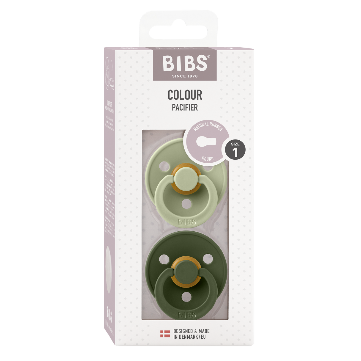BIBS Colour Round Latex Pacifiers Size 1 – Sage & Hunter Green (2 Pack)