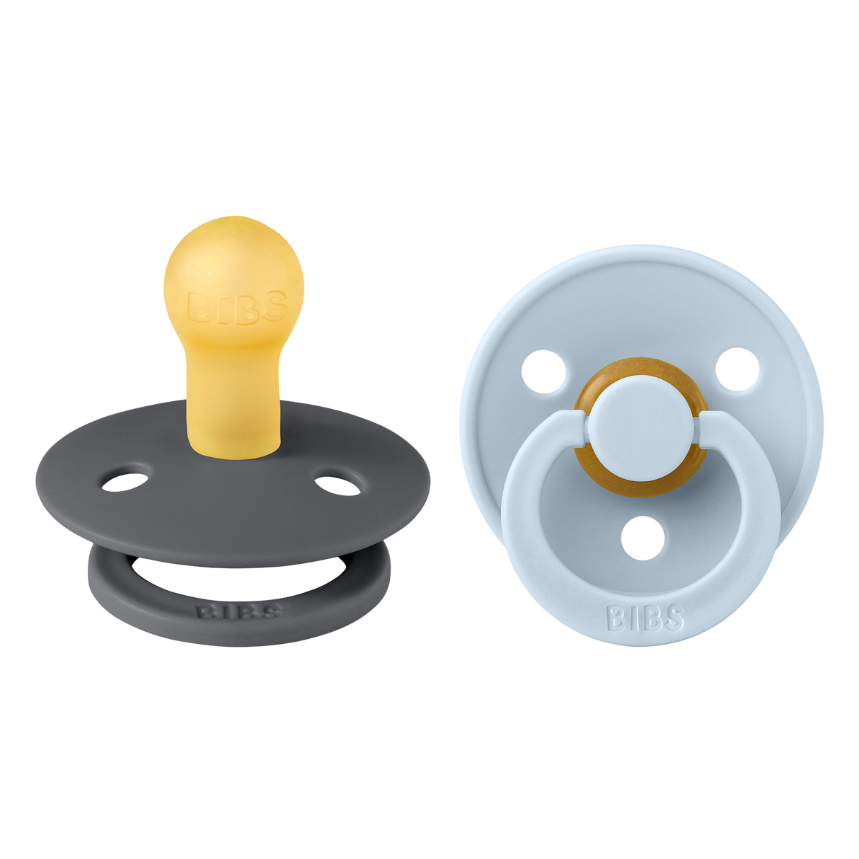 BIBS Colour Round Latex Pacifiers Size 2 – Iron & Baby Blue (2 Pack)