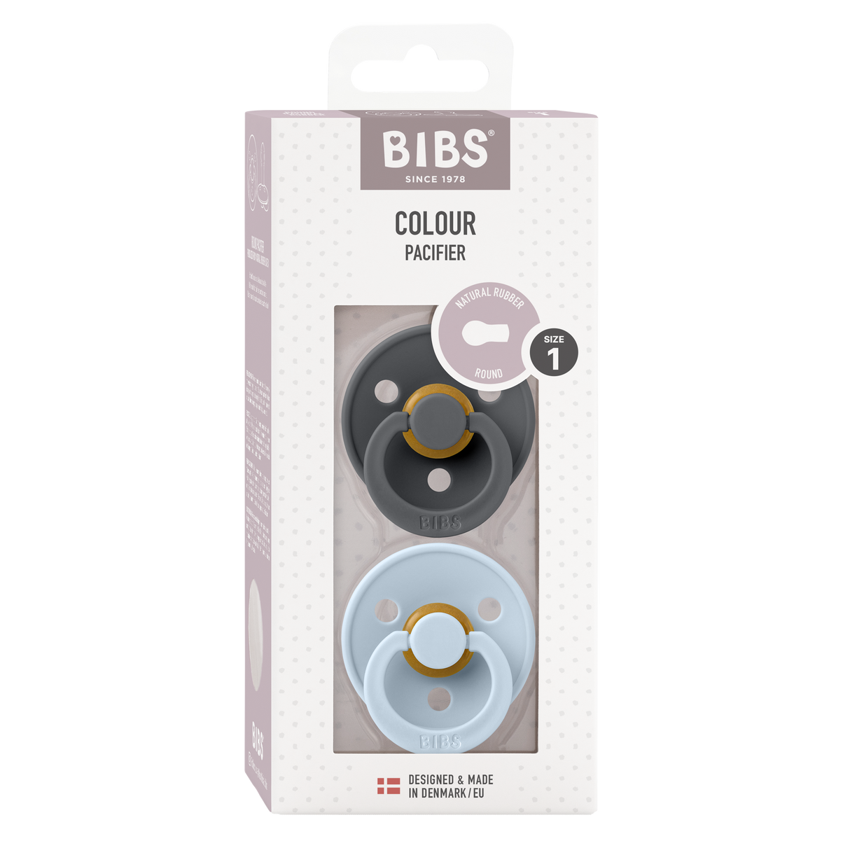BIBS Colour Round Latex Pacifiers Size 1 – Iron & Baby Blue (2 Pack)