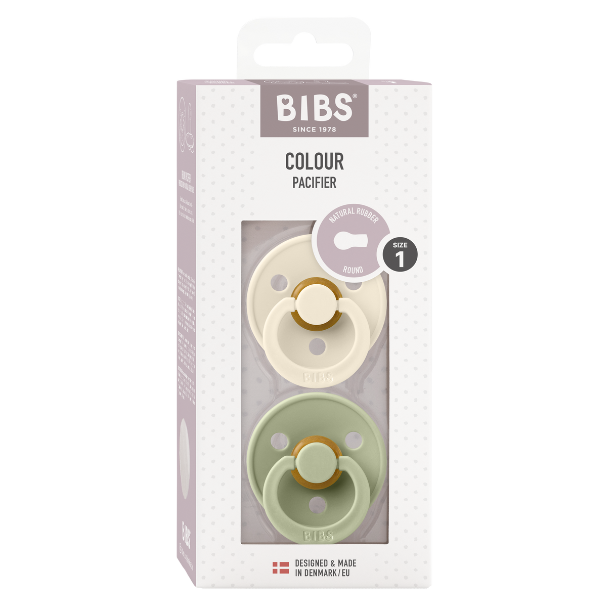 BIBS Colour Round Latex Pacifiers Size 1 – Ivory & Sage (2 Pack)