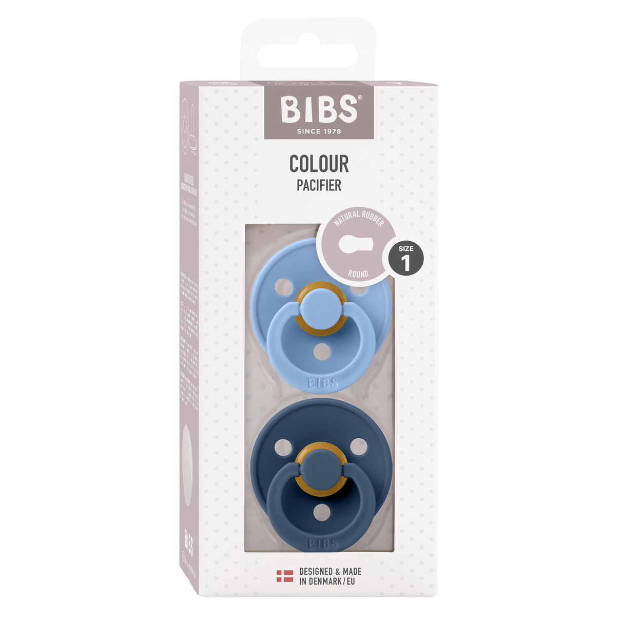 BIBS Colour Round Latex Pacifiers Size 1 – Sky Blue & Steel Blue (2 Pack)