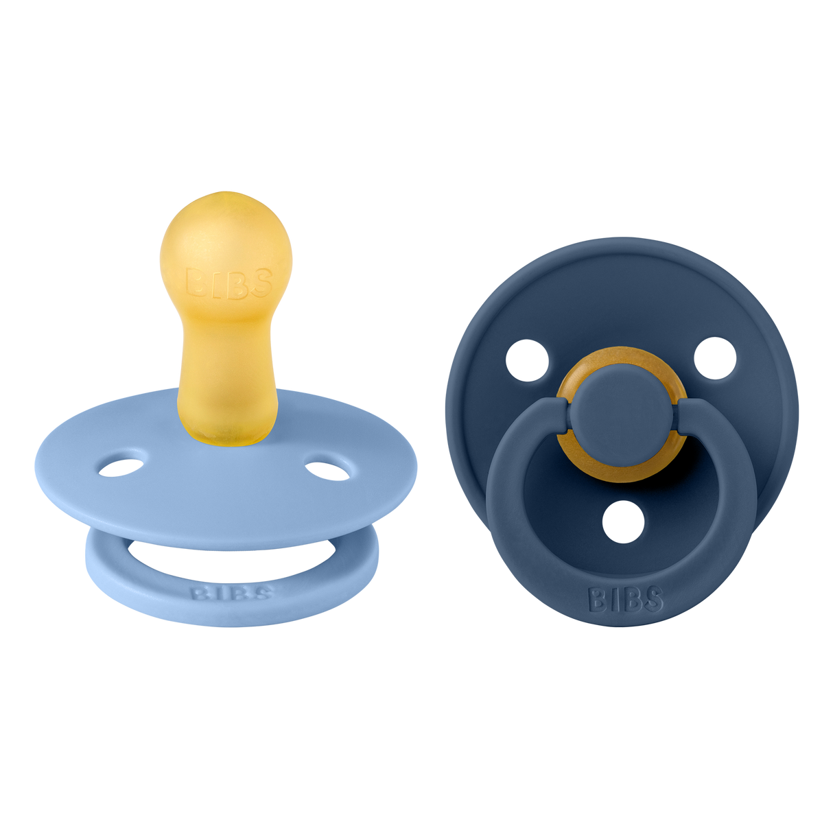 BIBS Colour Round Latex Pacifiers Size 2 – Sky Blue & Steel Blue (2 Pack)