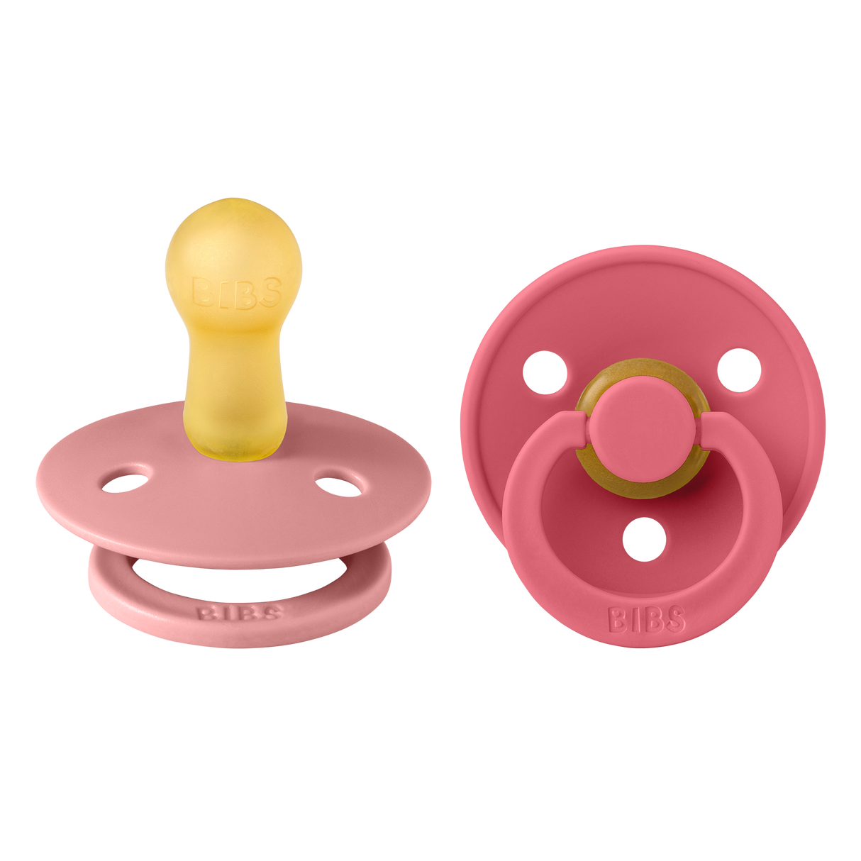 BIBS Colour Round Latex Pacifiers Size 1 – Dusty Pink & Coral (2 Pack)