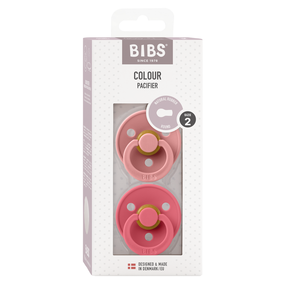BIBS Colour Round Latex Pacifiers Size 2 – Dusty Pink & Coral (2 Pack)