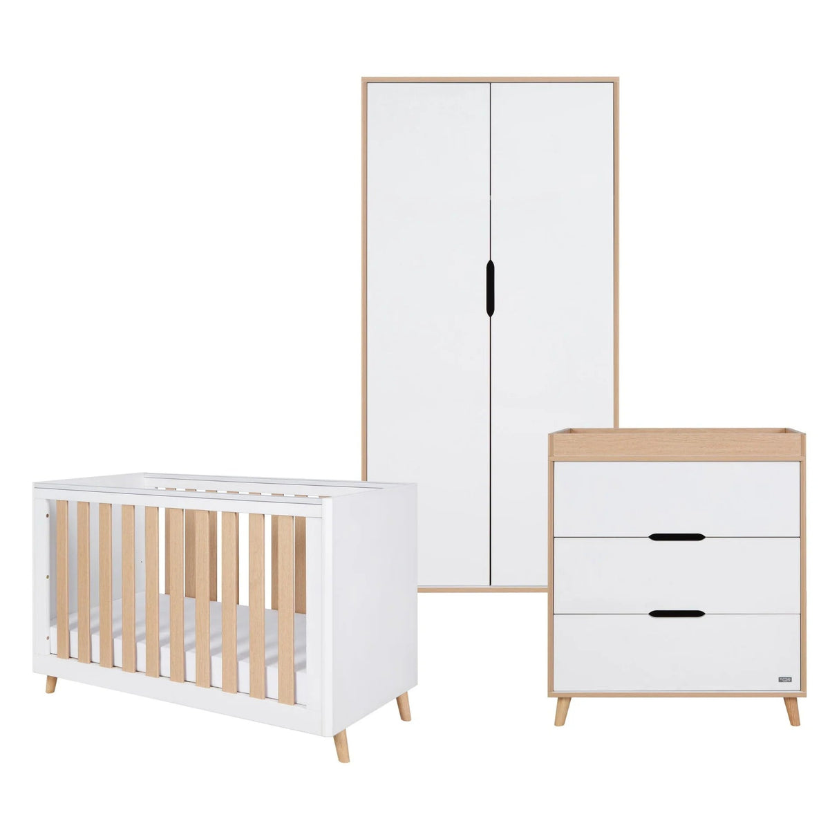 Tutti Bambini Fika Mini 3 Piece Nursery Furniture Set with Cot Bed, Dresser & Wardrobe - White & Light Oak