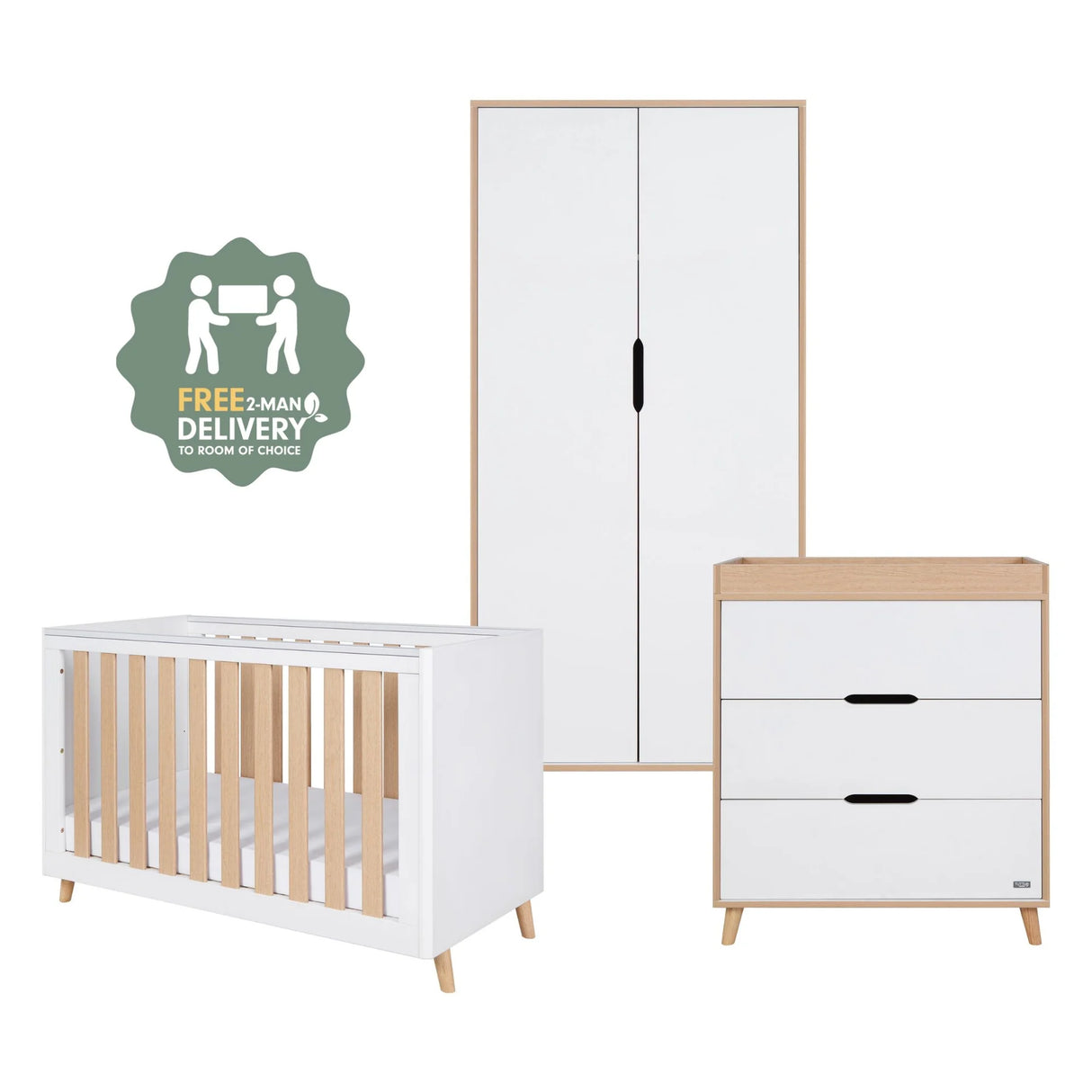Tutti Bambini Fika Mini 3 Piece Nursery Furniture Set with Cot Bed, Dresser & Wardrobe - White & Light Oak