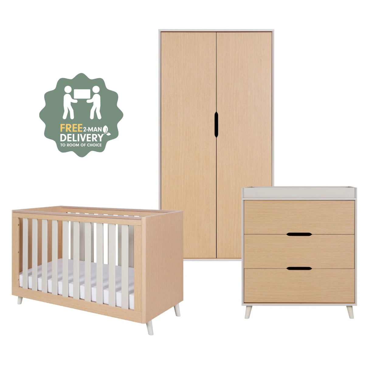 Tutti Bambini Fika Mini 3 Piece Nursery Furniture Set with Cot Bed, Dresser & Wardrobe - White Sand & Light Oak