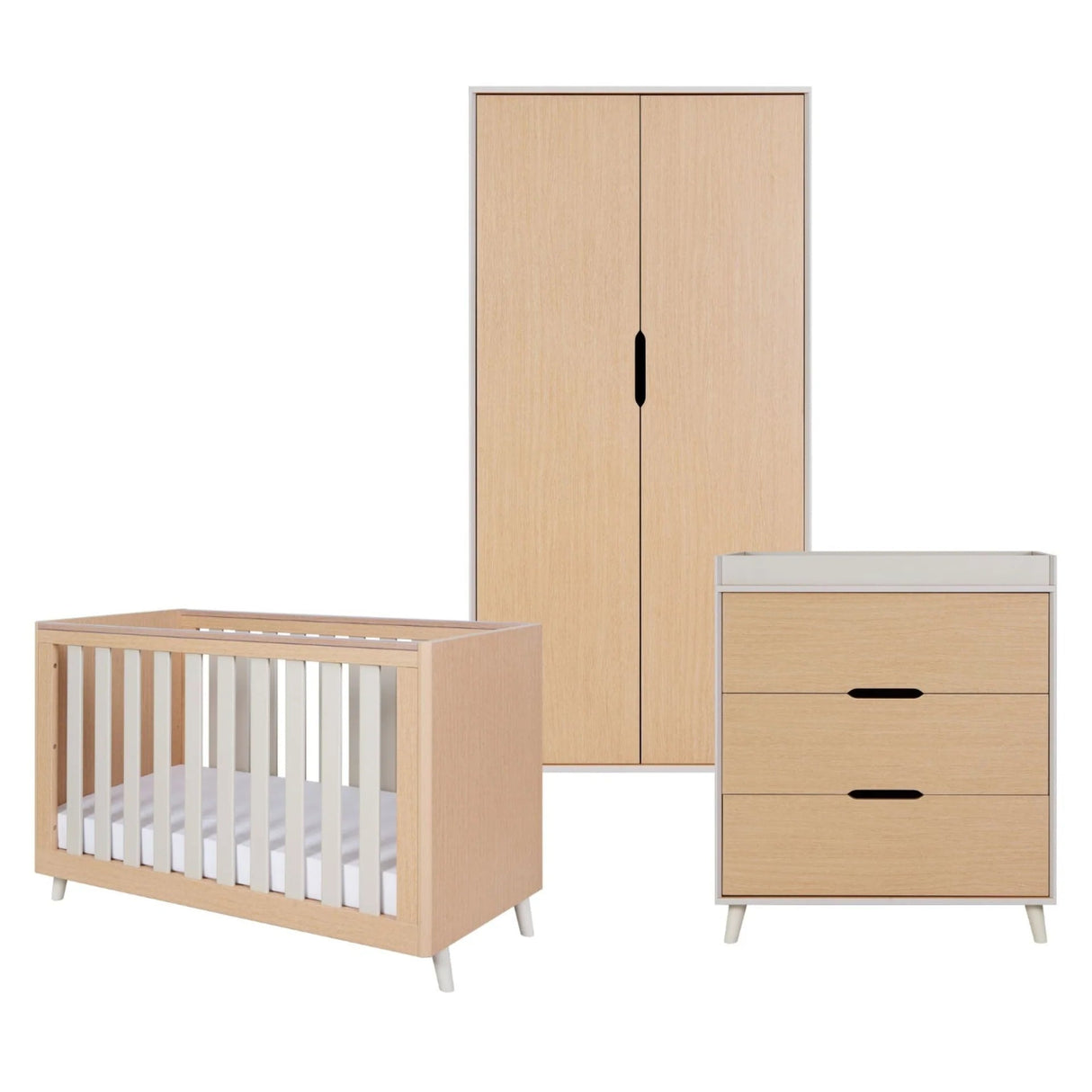 Tutti Bambini Fika Mini 3 Piece Nursery Furniture Set with Cot Bed, Dresser & Wardrobe - White Sand & Light Oak