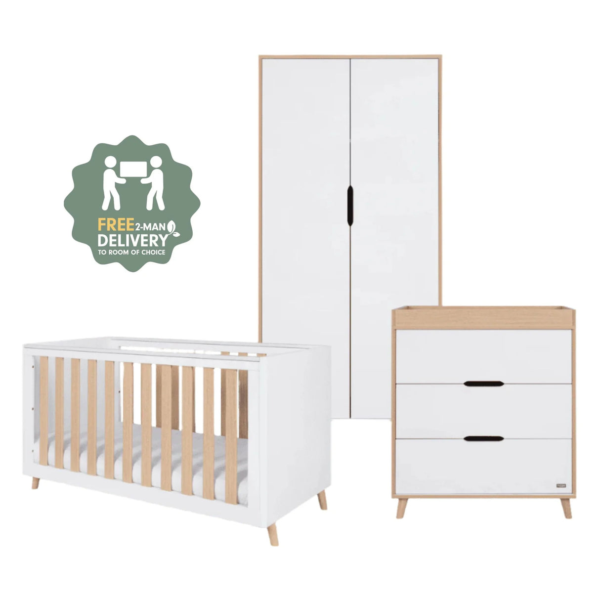 Tutti Bambini Fika 3 Piece Nursery Furniture Set with Cot Bed, Dresser & Wardrobe - White & Light Oak