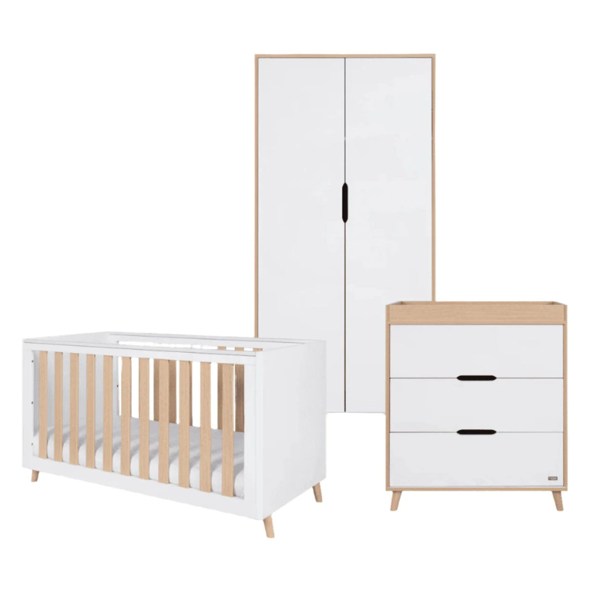 Tutti Bambini Fika 3 Piece Nursery Furniture Set with Cot Bed, Dresser & Wardrobe - White & Light Oak