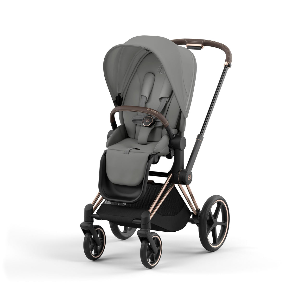Cybex Priam Travel System with Accessories, Cloud T Car Seat & ISOFIX Base - Mirage Grey / Rose Gold Frame