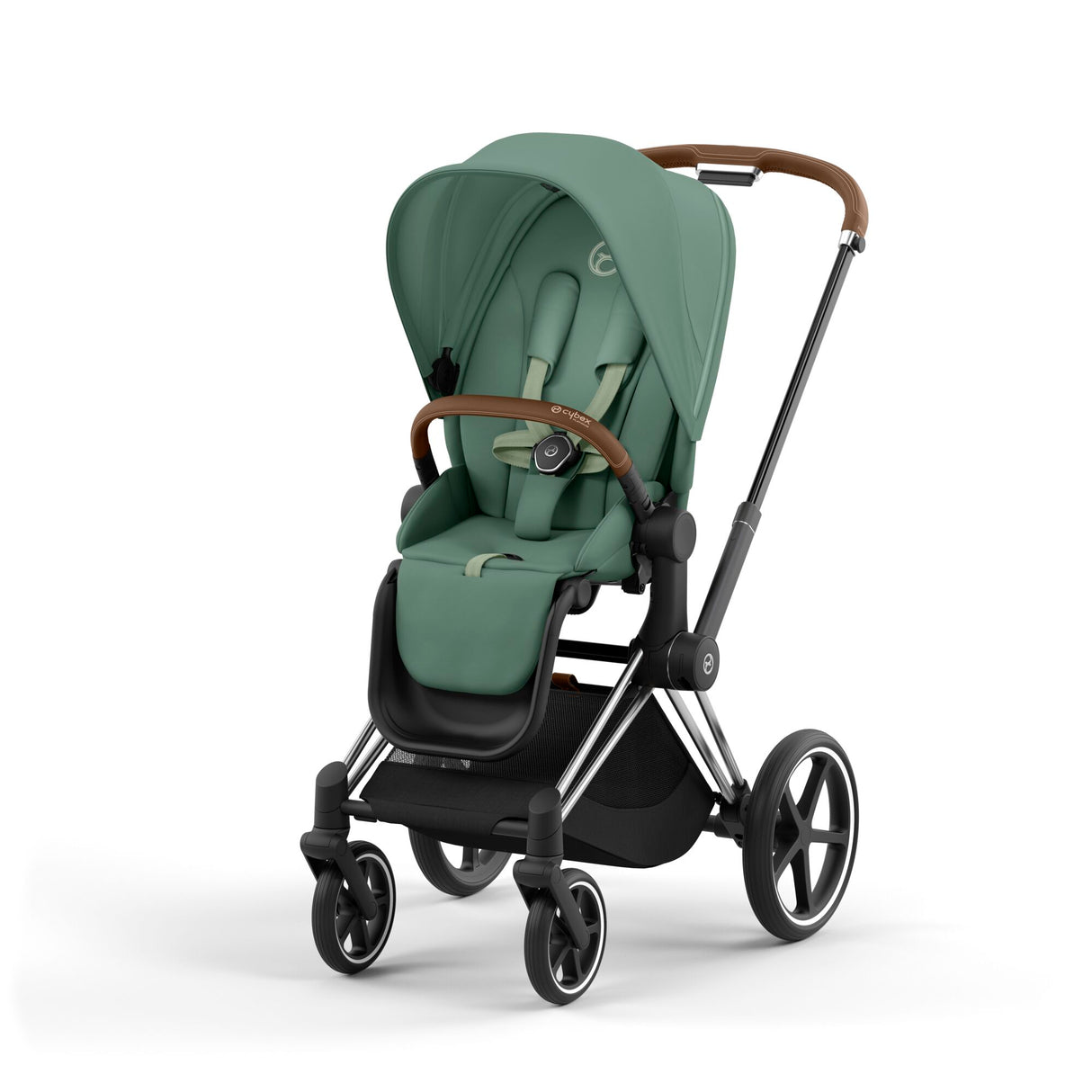 Cybex Priam Travel System with Accessories, Cloud T Car Seat & ISOFIX Base - Leaf Green / Chrome Brown Frame
