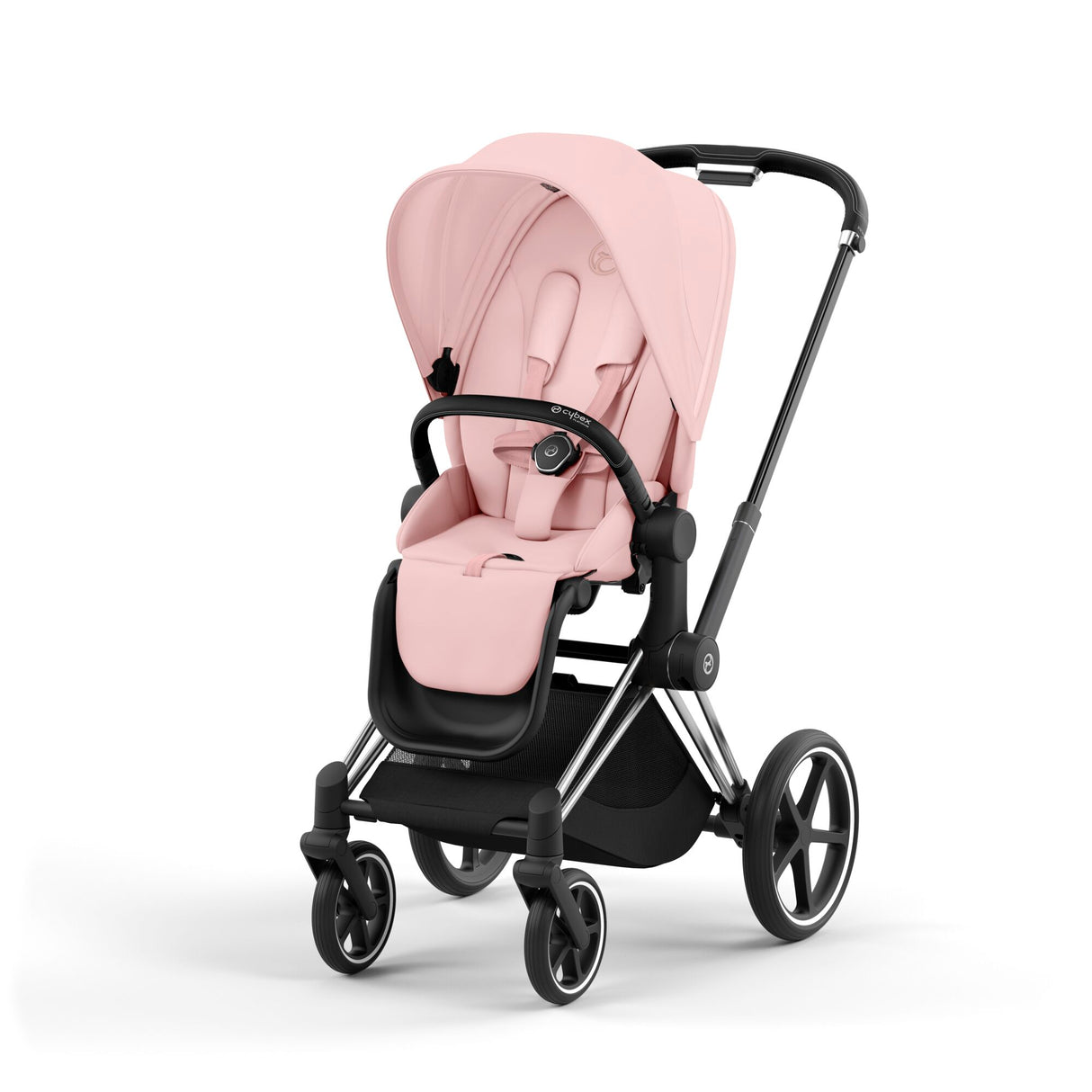 Cybex Priam Travel System with Accessories, Cloud T Car Seat & ISOFIX Base - Peach Pink / Chrome Black Frame