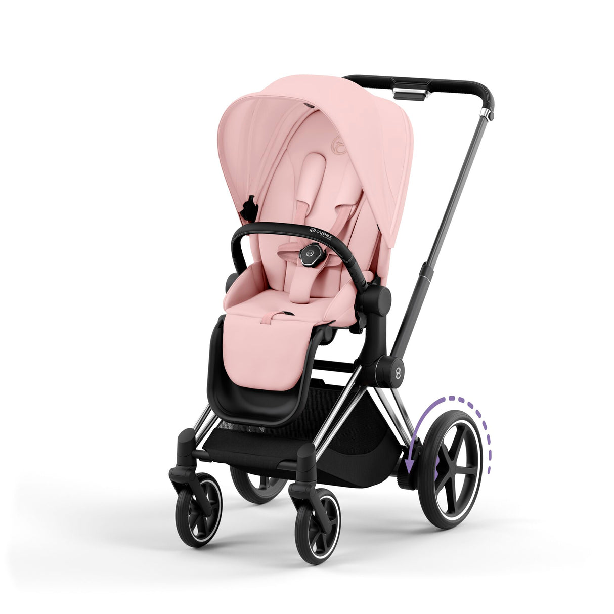 Cybex e-Priam Travel System with Accessories, Cloud T Car Seat & ISOFIX Base - Peach Pink / Chrome Black Frame