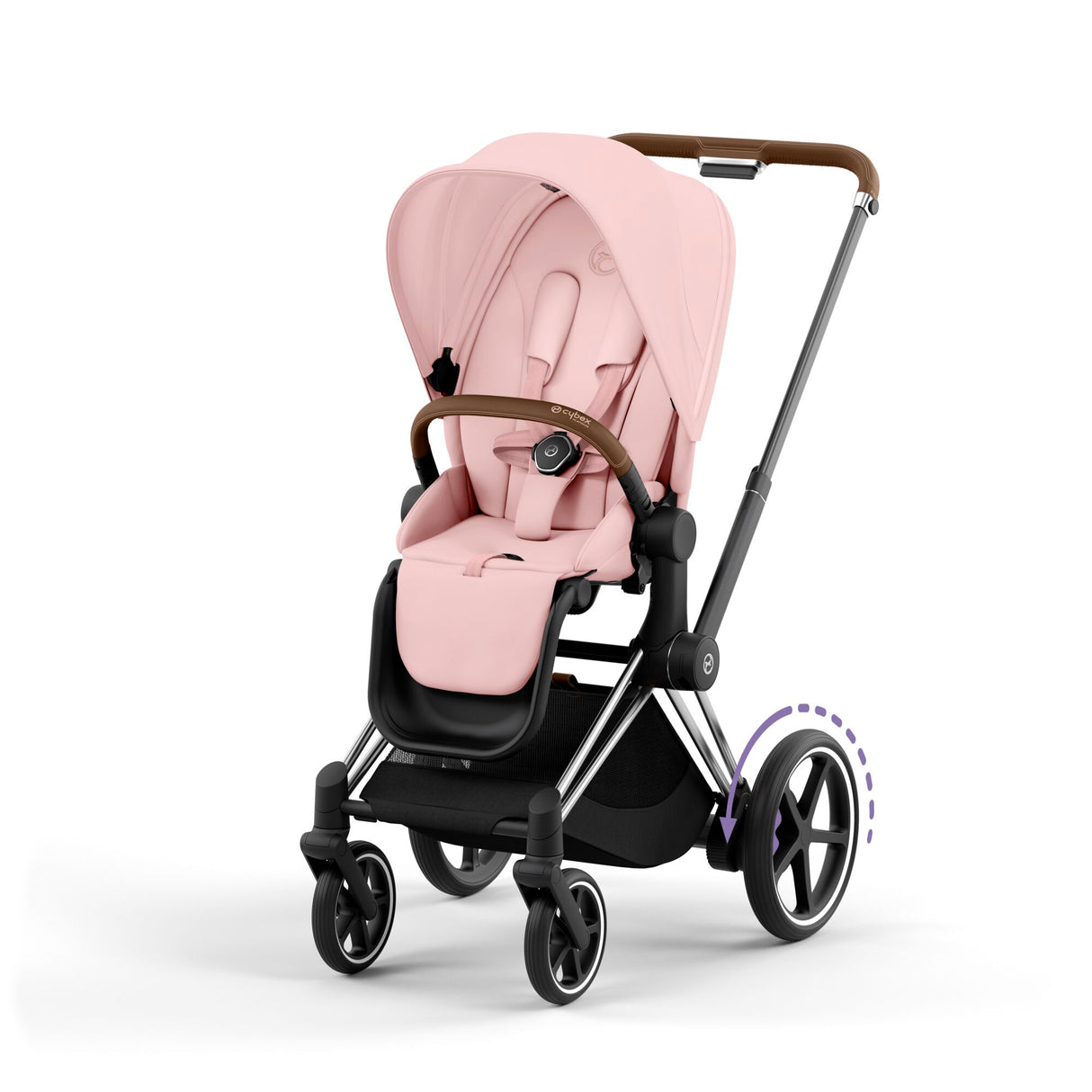 Cybex e-Priam Travel System with Accessories, Cloud T Car Seat & ISOFIX Base - Peach Pink / Chrome Brown Frame