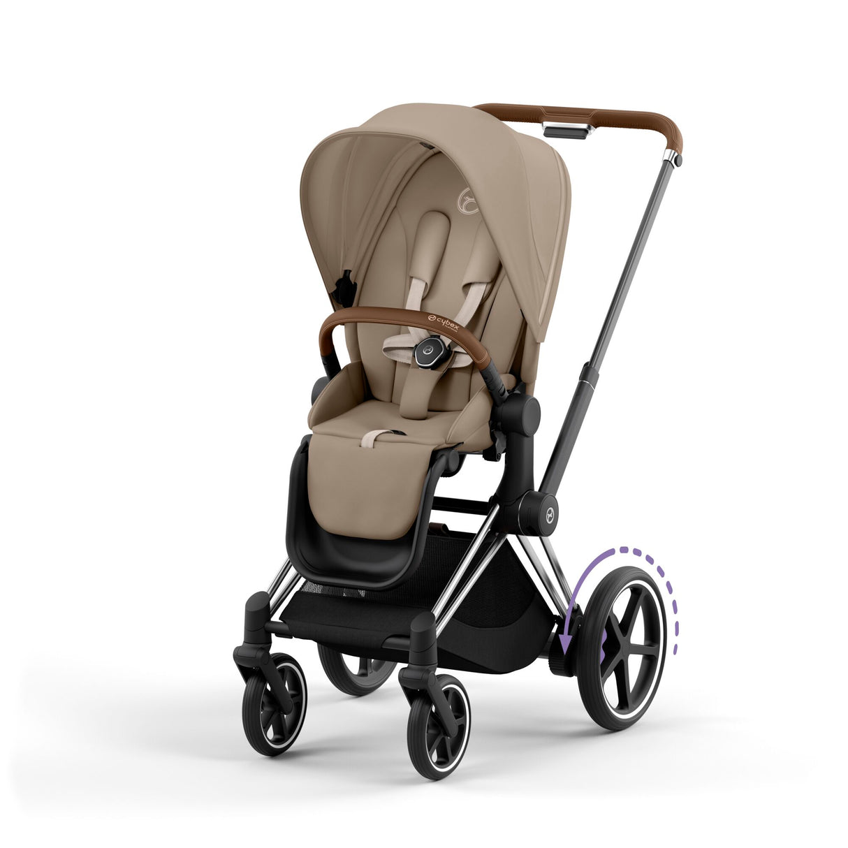 Cybex e-Priam Travel System with Accessories, Cloud T Car Seat & ISOFIX Base - Cozy Beige / Chrome Brown Frame