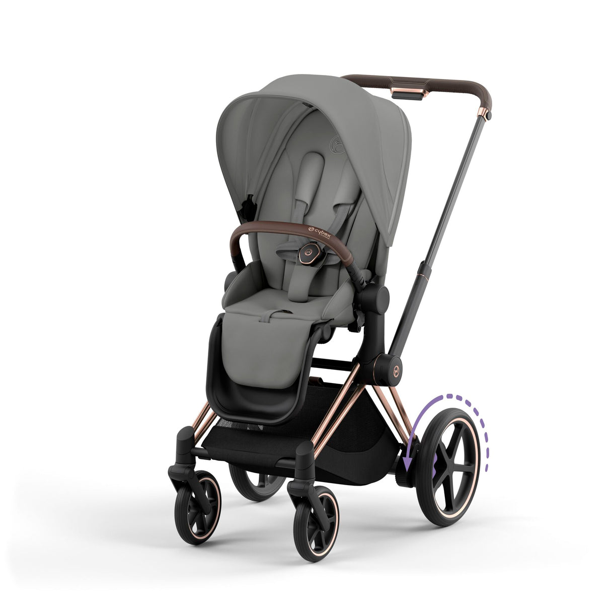 Cybex e-Priam Travel System with Accessories, Cloud T Car Seat & ISOFIX Base - Mirage Grey / Rose Gold Frame