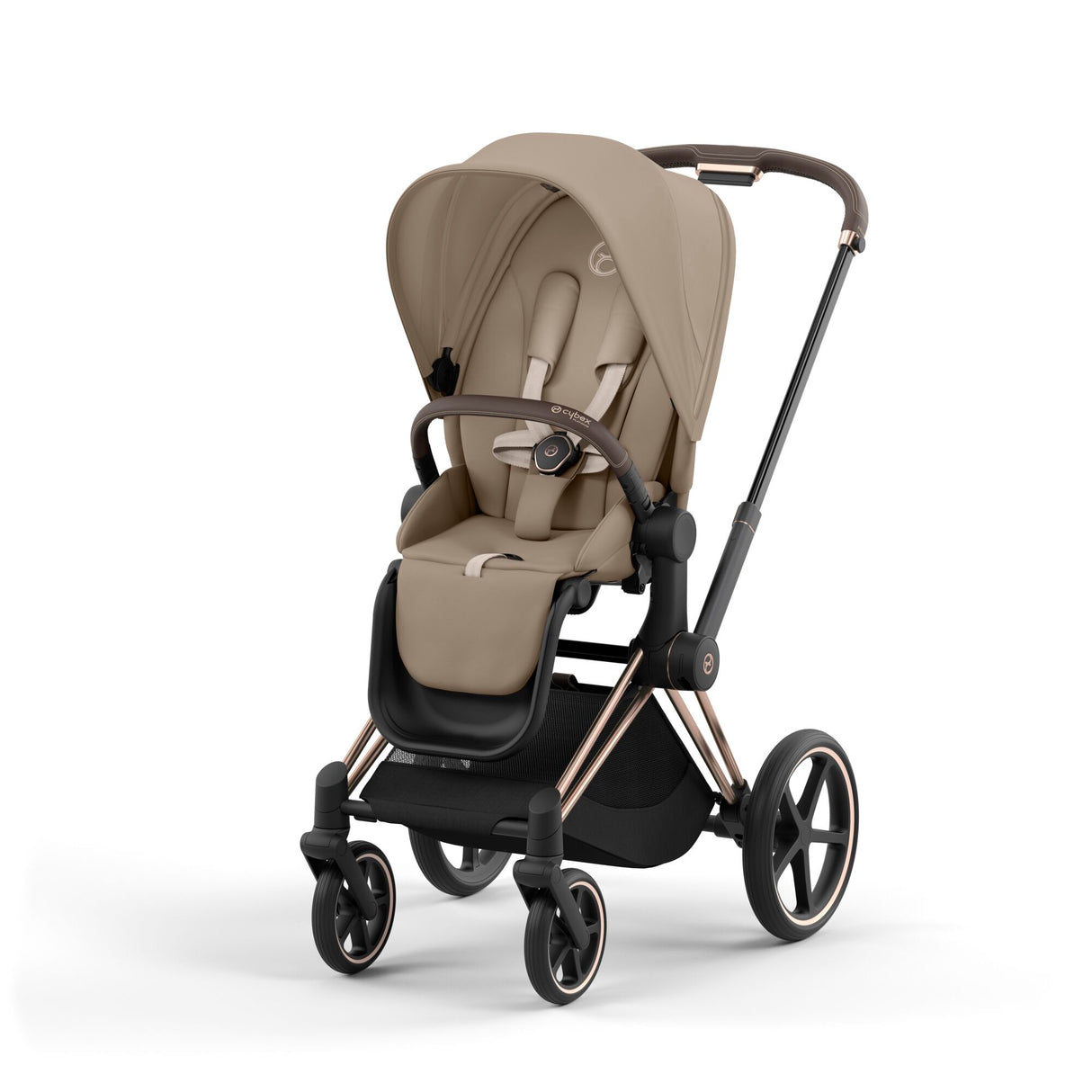 Cybex Priam Travel System with Accessories, Cloud T Car Seat & ISOFIX Base - Cozy Beige / Rose Gold Frame