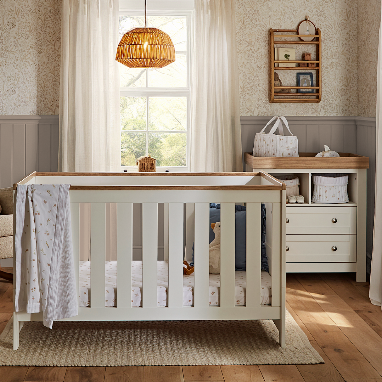 CuddleCo Burford 2 Piece Nursery Furniture Set with Cot Bed and Dresser - White & Oak