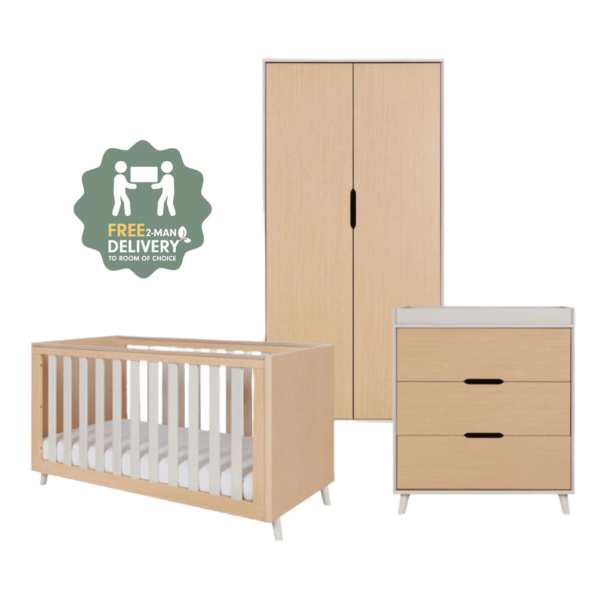 Tutti Bambini Fika 3 Piece Nursery Furniture Set with Cot Bed, Dresser & Wardrobe - White Sand & Light Oak