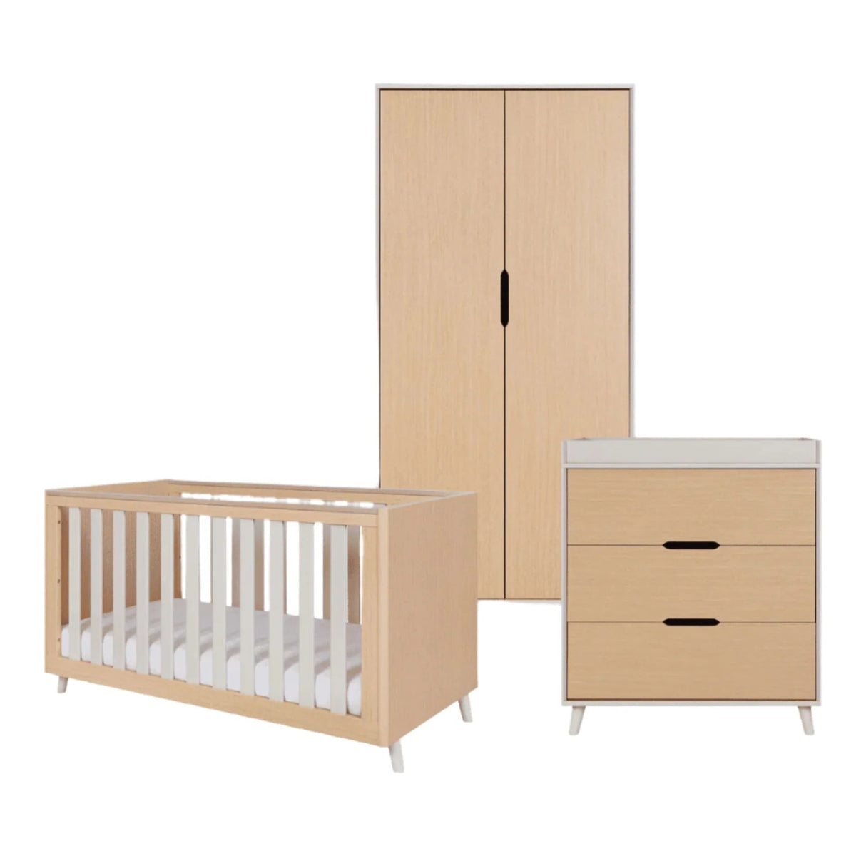 Tutti Bambini Fika 3 Piece Nursery Furniture Set with Cot Bed, Dresser & Wardrobe - White Sand & Light Oak