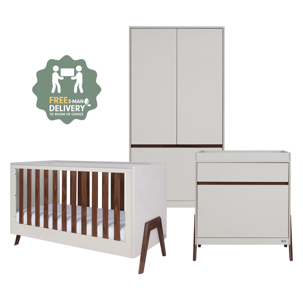 Tutti Bambini Fuori 3 Piece Nursery Furniture Set with Cot Bed, Dresser & Wardrobe - White Sand / Warm Walnut