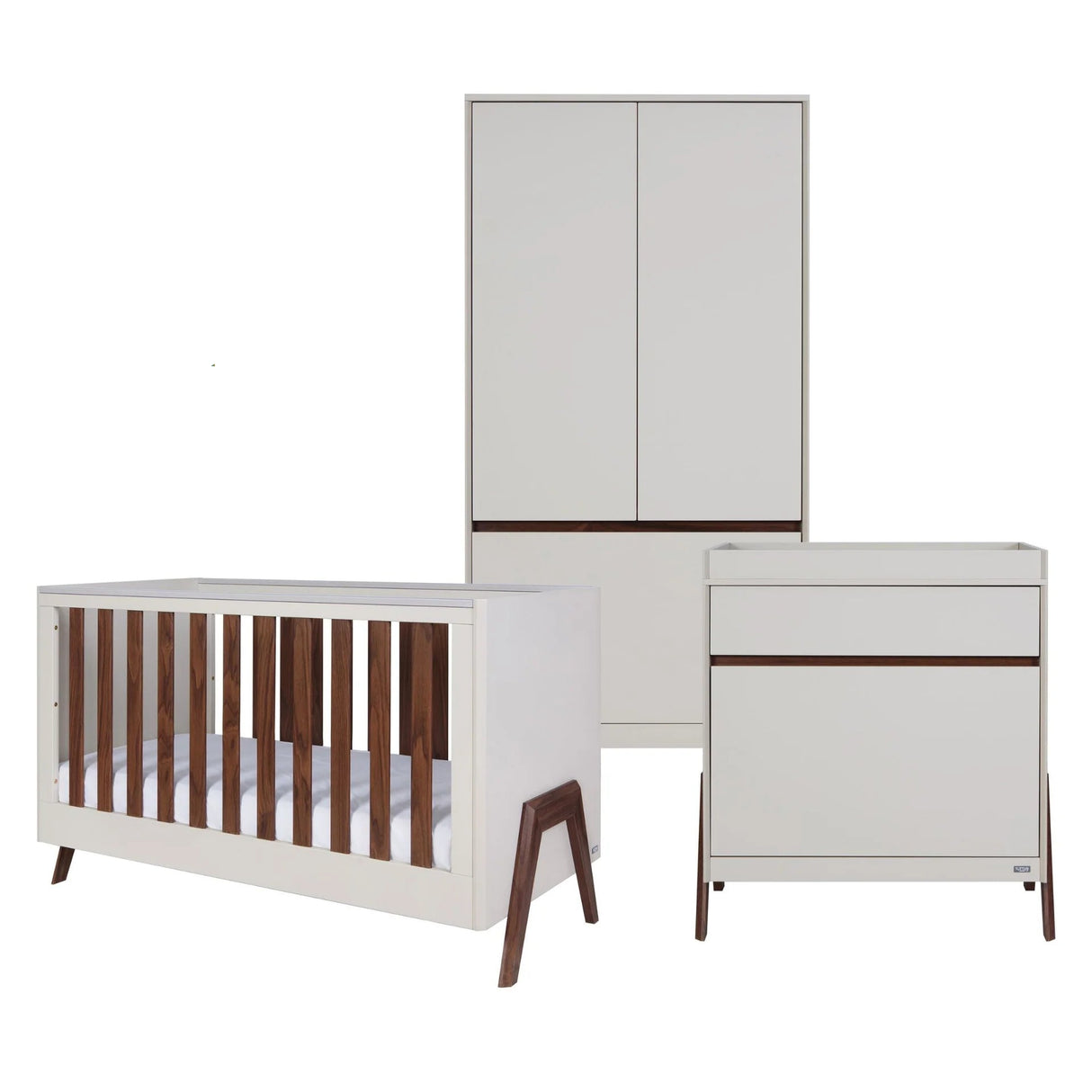 Tutti Bambini Fuori 3 Piece Nursery Furniture Set with Cot Bed, Dresser & Wardrobe - White Sand / Warm Walnut
