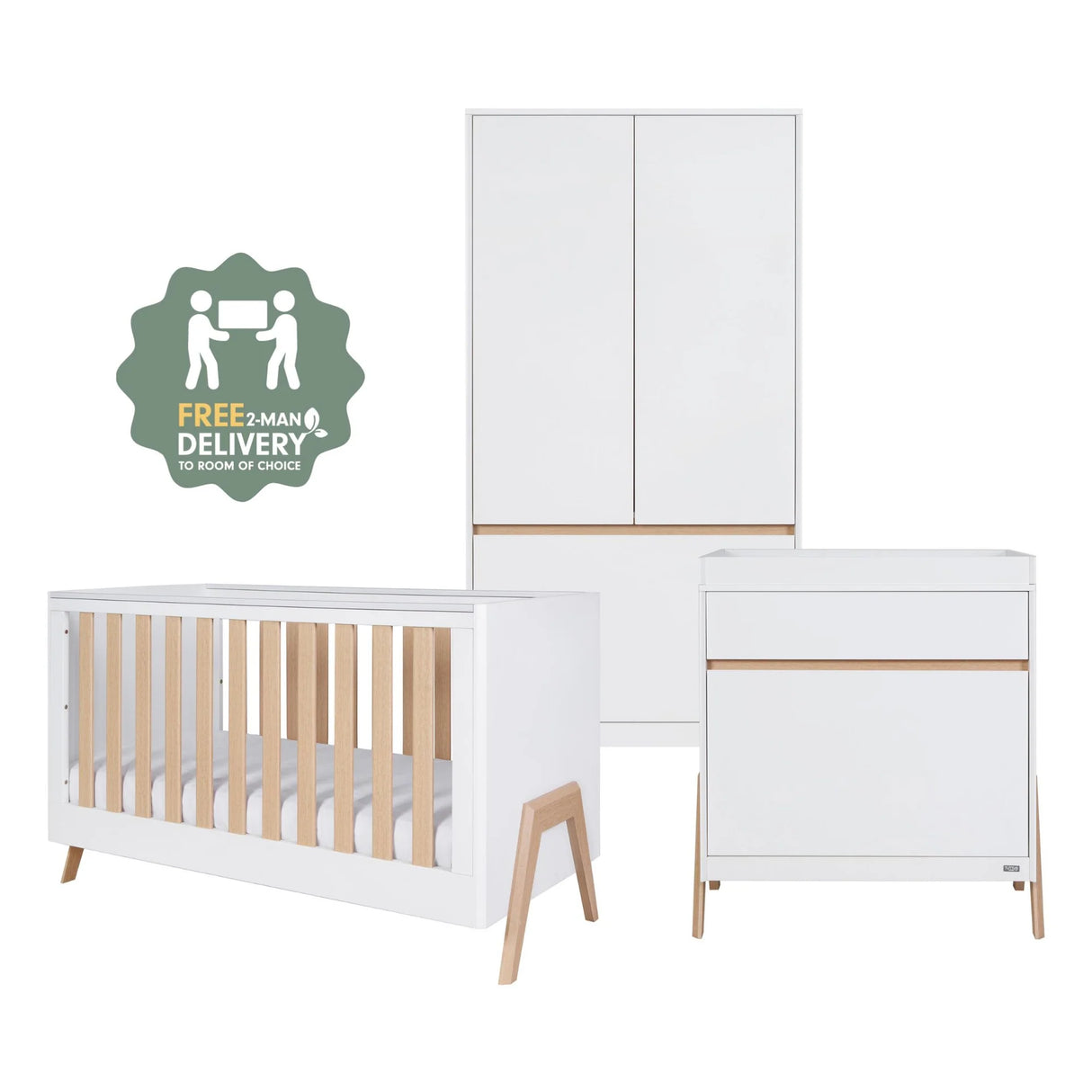 Tutti Bambini Fuori 3 Piece Nursery Furniture Set with Cot Bed, Dresser & Wardrobe - White / Light Oak