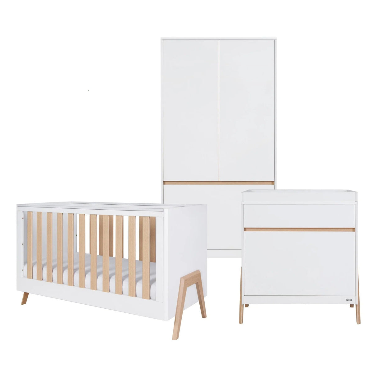 Tutti Bambini Fuori 3 Piece Nursery Furniture Set with Cot Bed, Dresser & Wardrobe - White / Light Oak