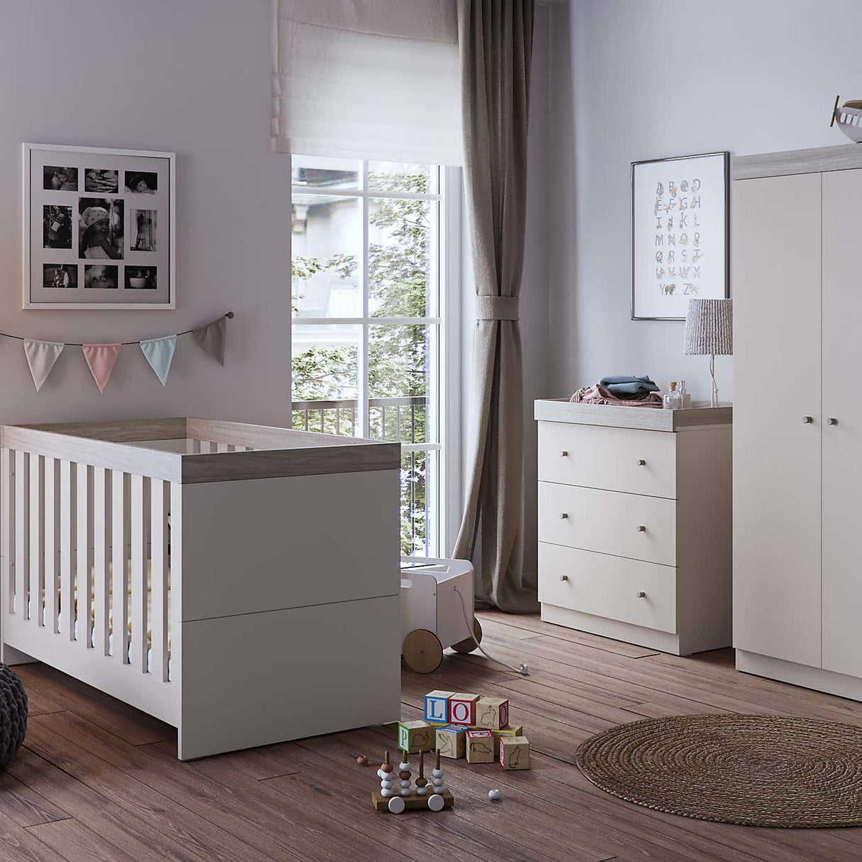Little Acorns Burlington 2 Piece Nursery Furniture Set with Cot Bed and Dresser - Cashmere & Grey Ash