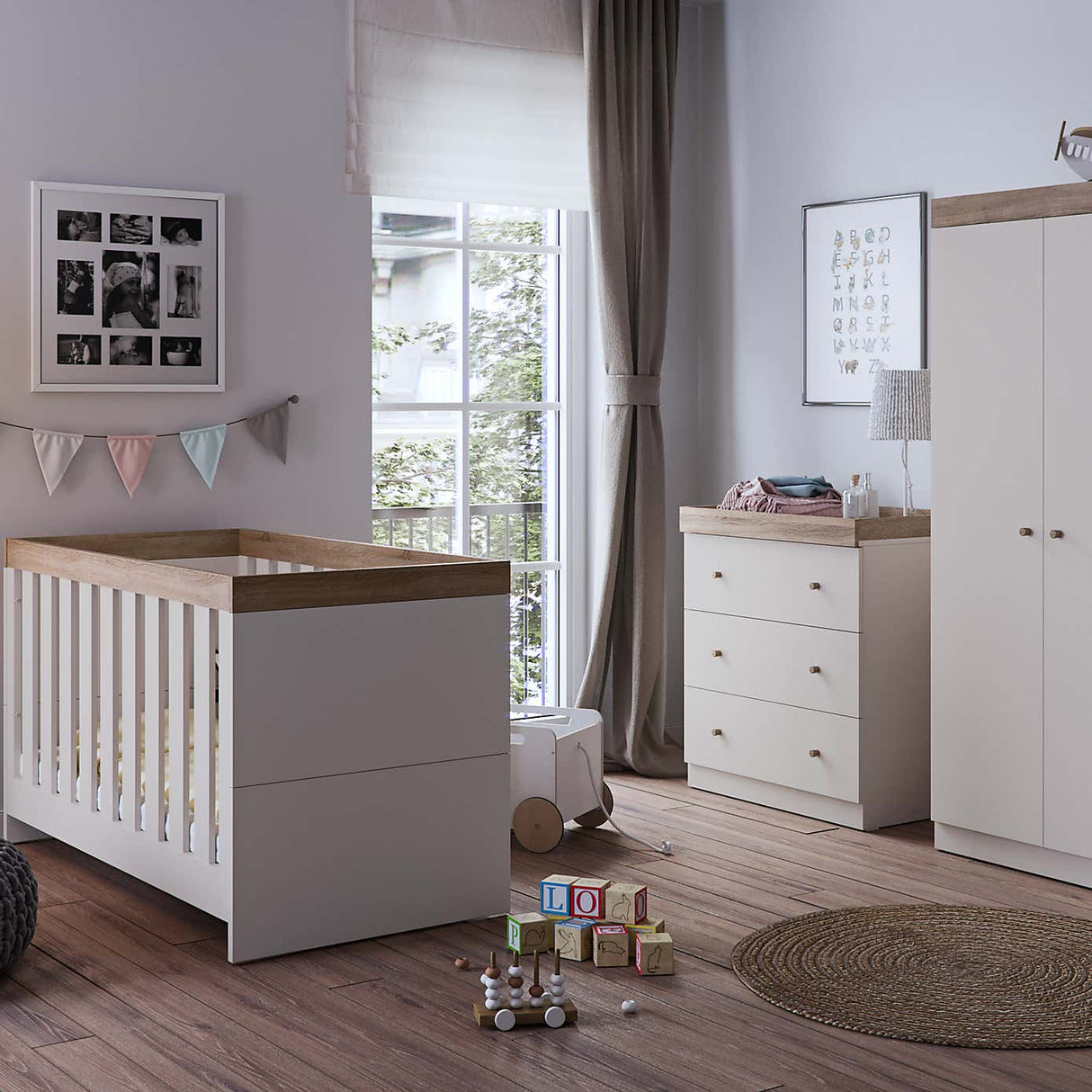 Little Acorns Burlington 2 Piece Nursery Furniture Set with Cot Bed and Dresser - Cashmere & Truffle Oak