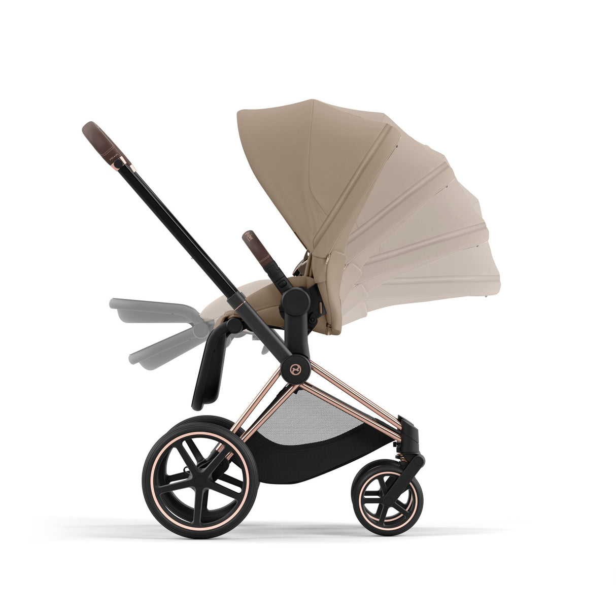 Cybex Priam Travel System with Accessories, Cloud T Car Seat & ISOFIX Base - Cozy Beige / Rose Gold Frame