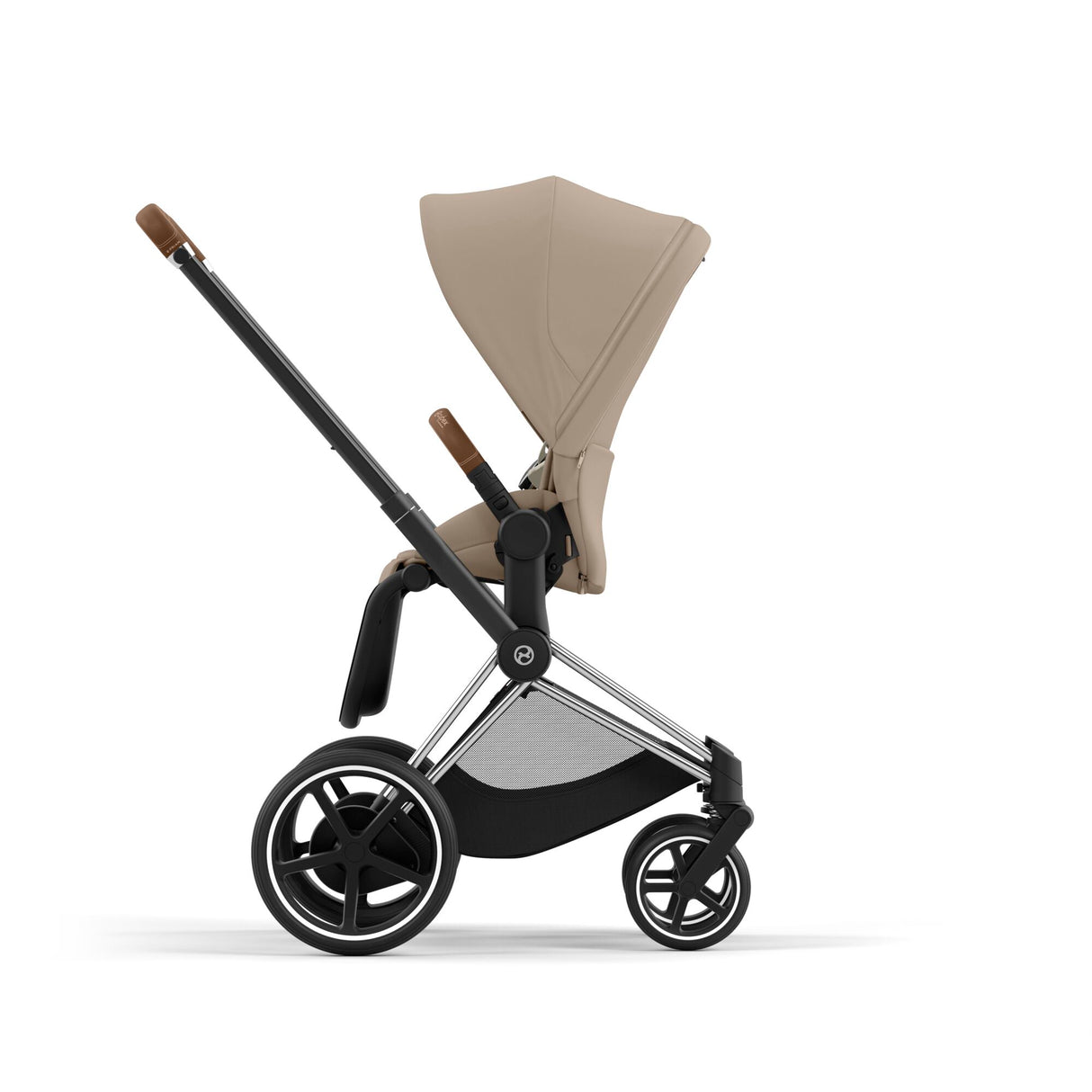 Cybex e-Priam Travel System with Accessories, Cloud T Car Seat & ISOFIX Base - Cozy Beige / Chrome Brown Frame