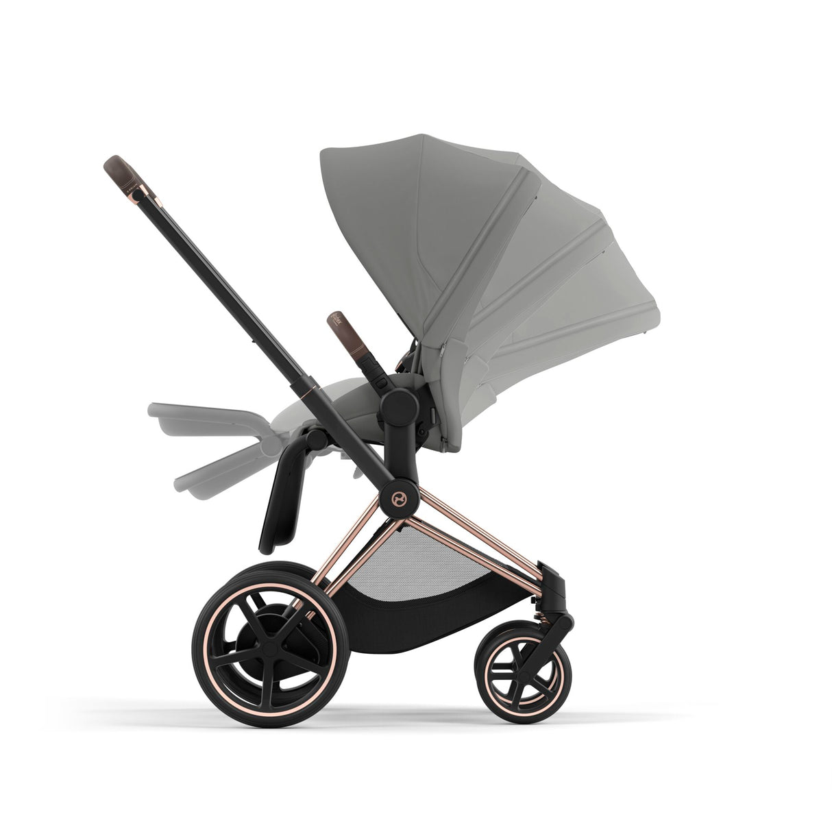 Cybex e-Priam Travel System with Accessories, Cloud T Car Seat & ISOFIX Base - Mirage Grey / Rose Gold Frame