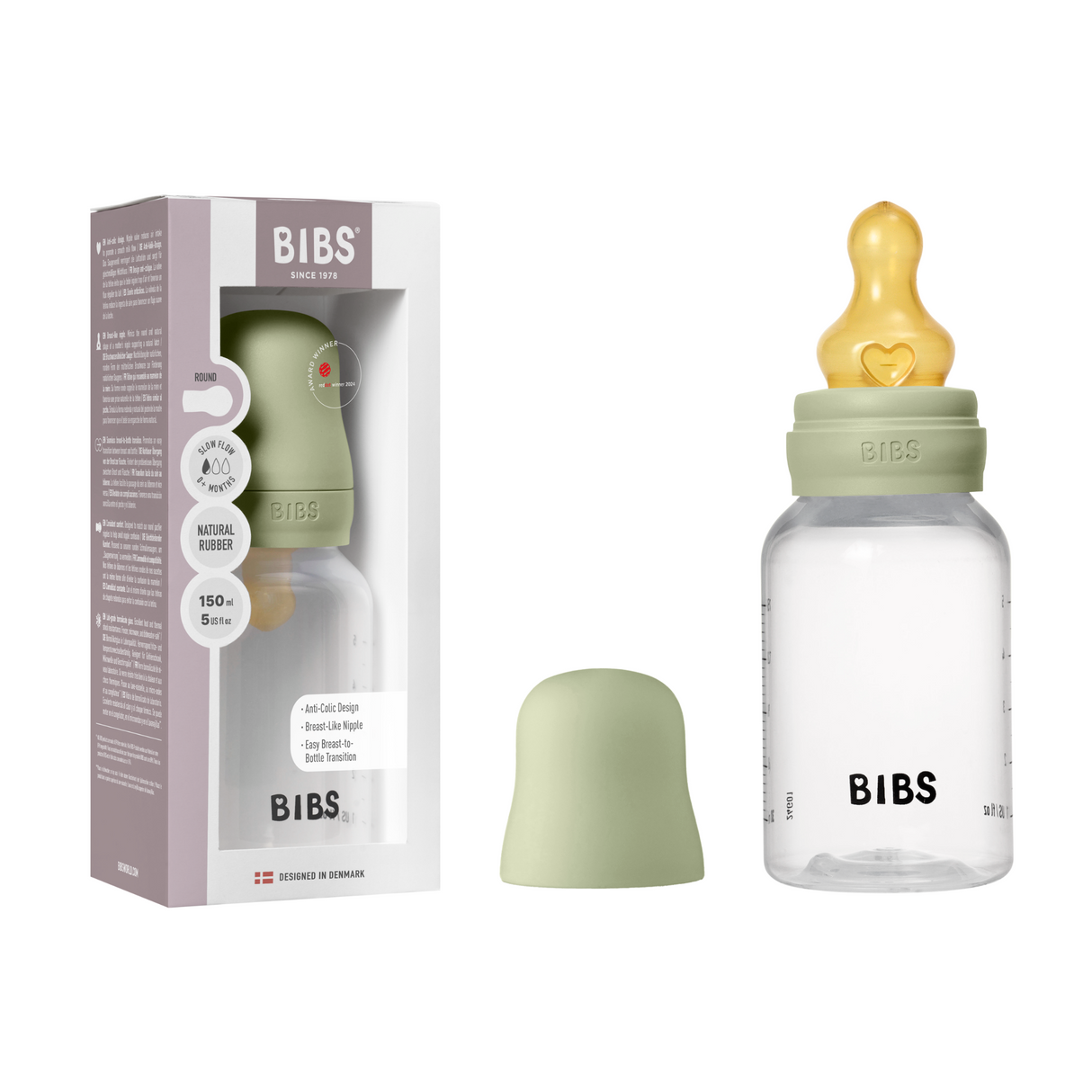 BIBS Slow Flow 150ml Round Latex Baby Bottle - Sage