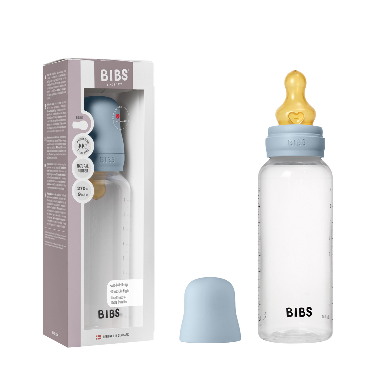BIBS Medium Flow 270ml Latex Baby Bottle - Blue