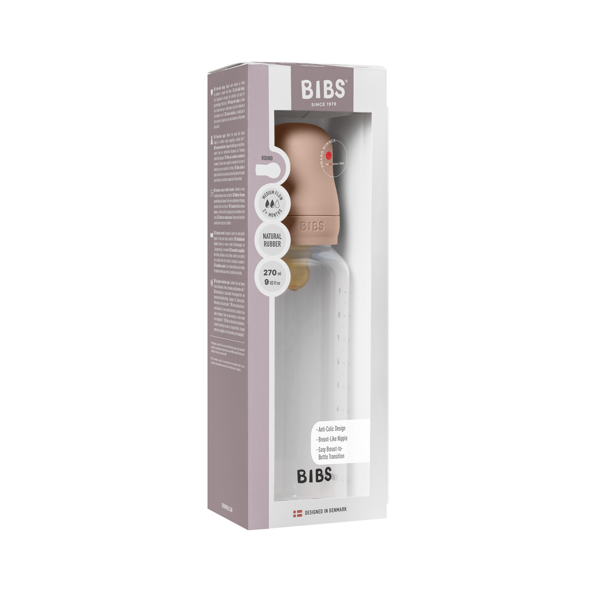 BIBS Medium Flow 270ml Latex Baby Bottle - Blush