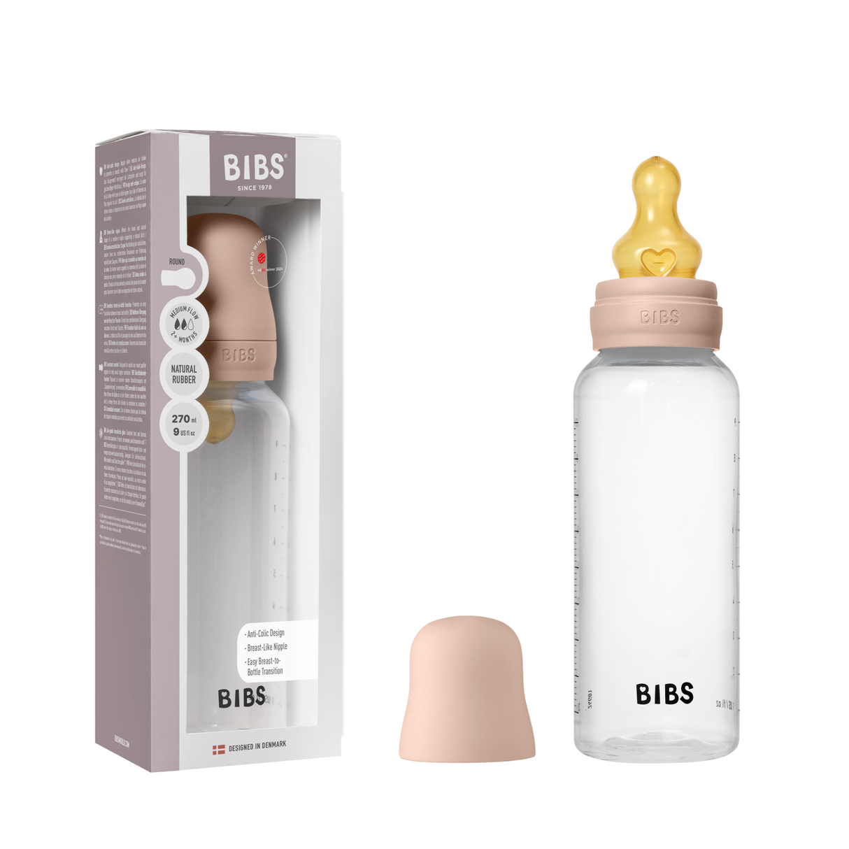 BIBS Medium Flow 270ml Latex Baby Bottle - Blush