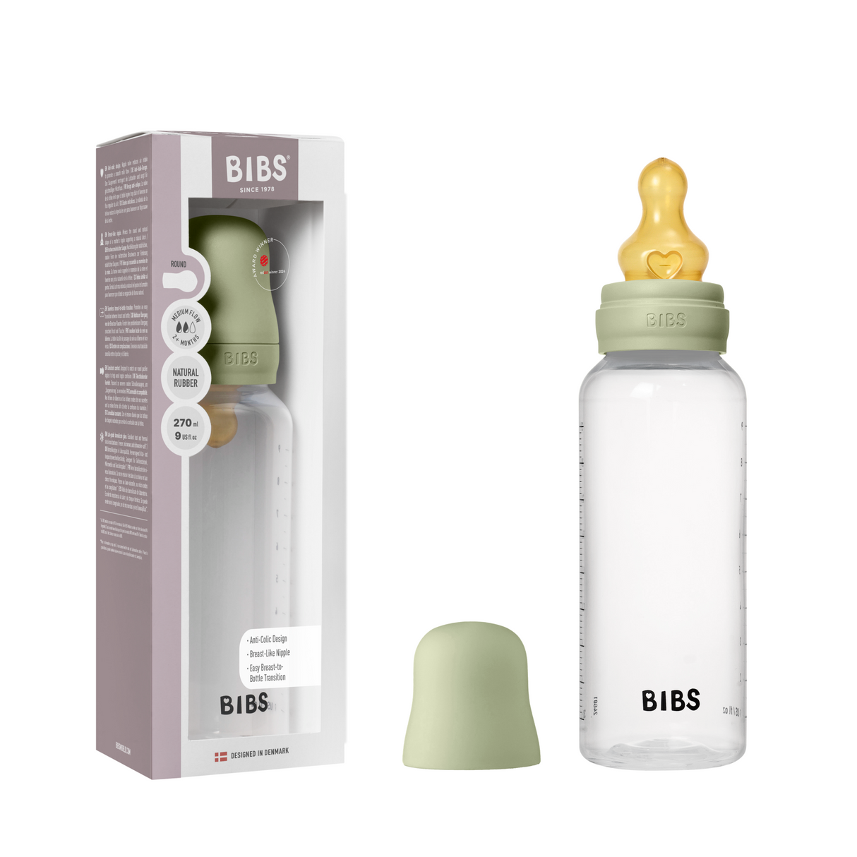 BIBS Medium Flow 270ml Round Latex Baby Bottle - Sage