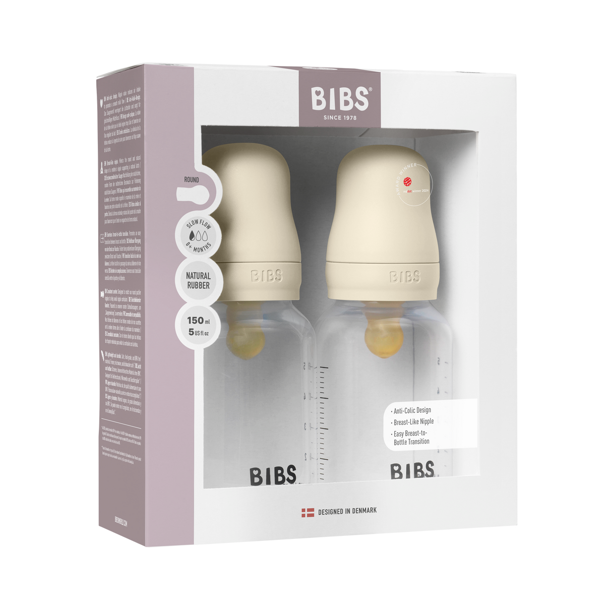 BIBS Slow Flow 2 Pack 150ml Round Latex Baby Bottle Set - Ivory