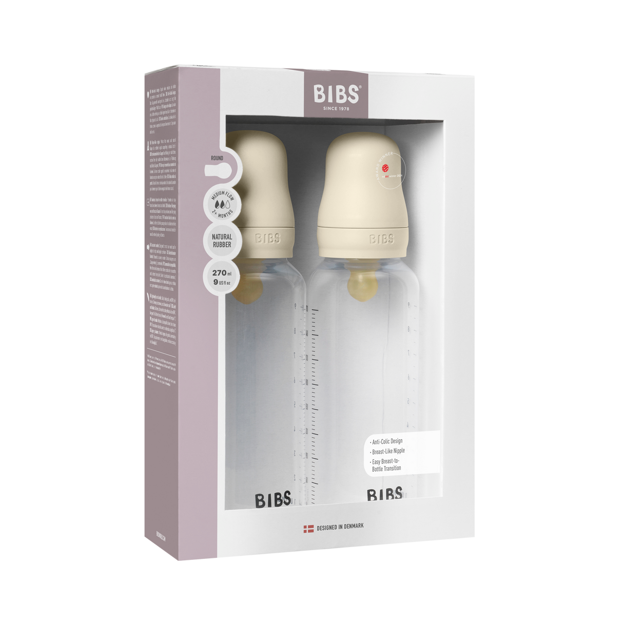 BIBS Medium Flow 2 Pack 270ml Round Latex Baby Bottle Set - Ivory