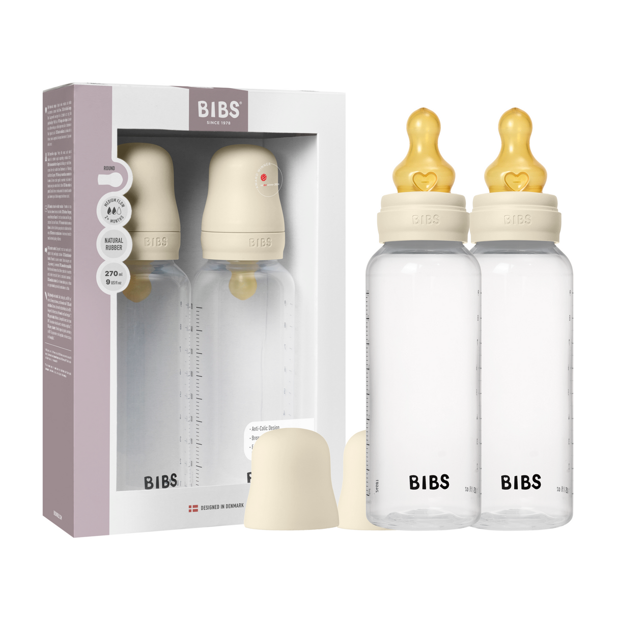 BIBS Medium Flow 2 Pack 270ml Round Latex Baby Bottle Set - Ivory