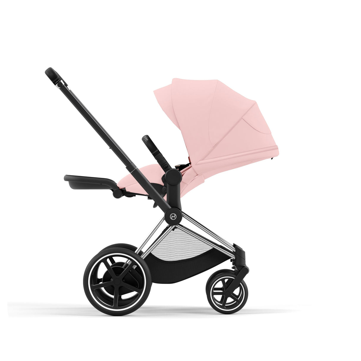 Cybex e-Priam Travel System with Accessories, Cloud T Car Seat & ISOFIX Base - Peach Pink / Chrome Black Frame