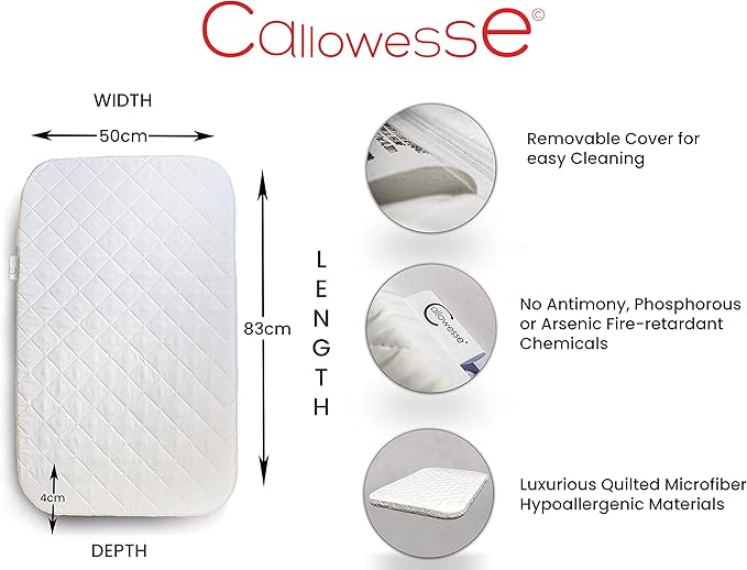Callowesse Next2Me Mattress | Soft Quilted Microfibre Baby Crib Mattress | Hypoallergenic, Breathable & Machine Washable - 83x50cm