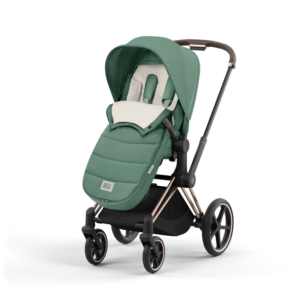 Cybex Priam Travel System with Accessories, Cloud T Car Seat & ISOFIX Base - Leaf Green / Rose Gold Frame