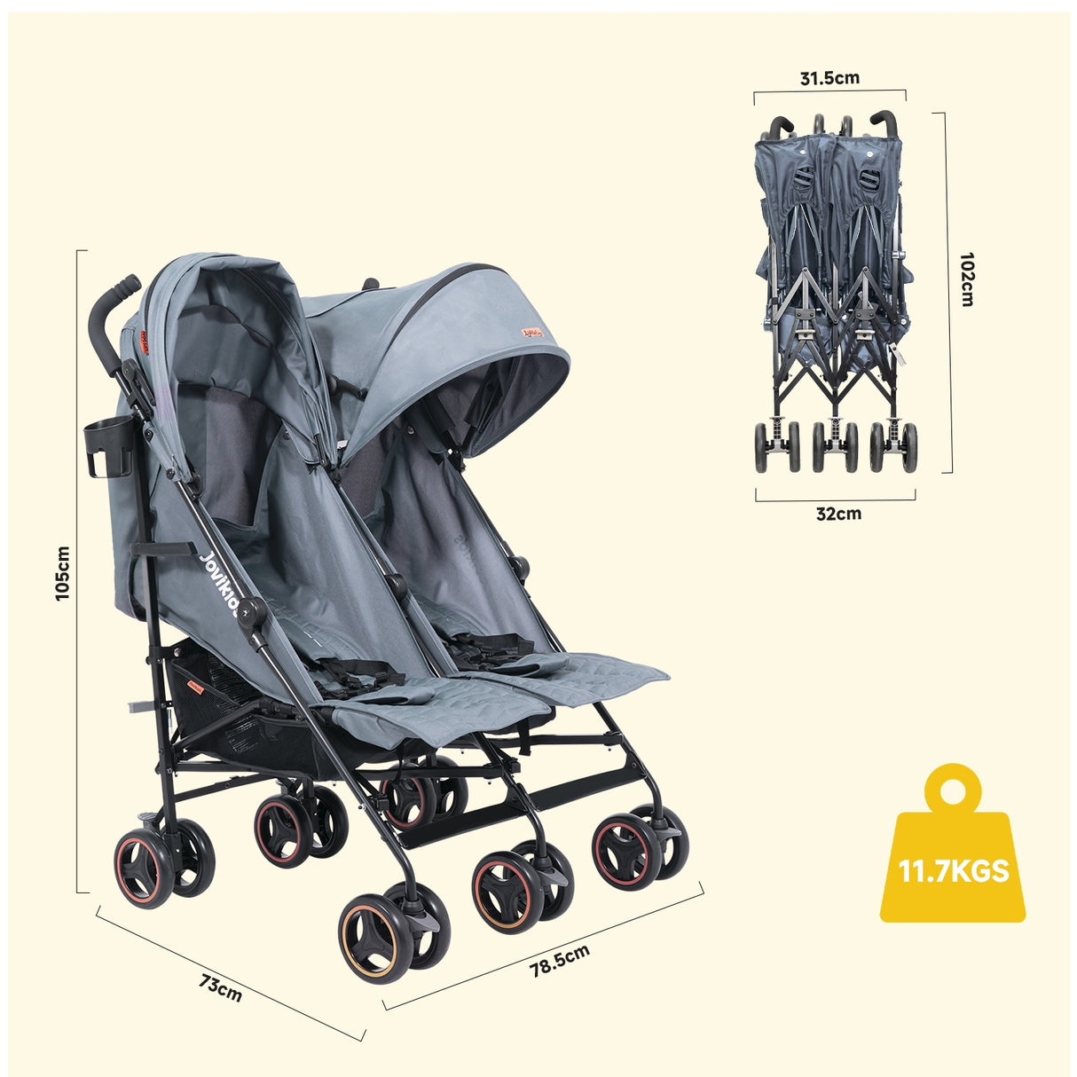 Jovikids Ezra Twin Double Stroller - Grey