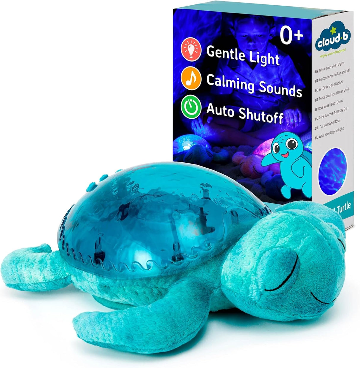 Cloud B Tranquil Turtle Rechargeable Projector Nightlight with White Noise Soothing Sounds - Aqua Blue