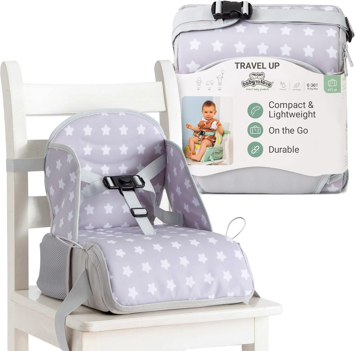 Baby to Love Travel Up Backpack Chair & Booster Seat - White Stars