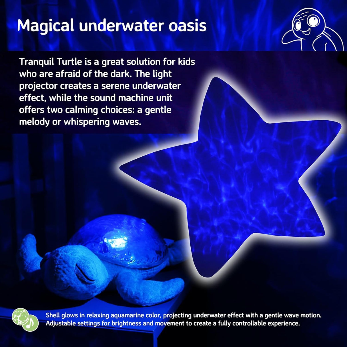 Cloud B Tranquil Turtle Rechargeable Projector Nightlight with White Noise Soothing Sounds - Aqua Blue
