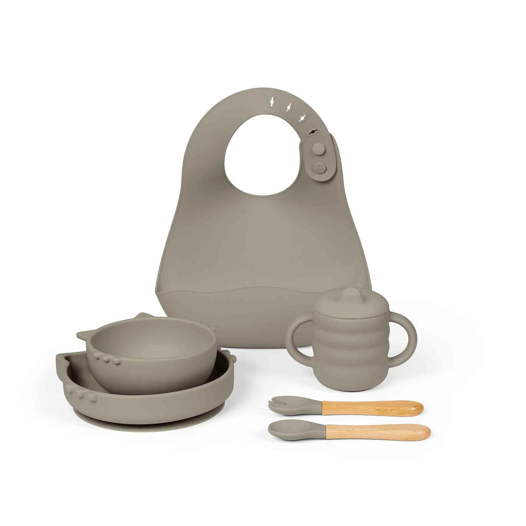 Ickle Bubba 6 Piece Cat Silicone Feeding Set includes Bowl, Plate, Bib, Cup & Cutlery - Sage